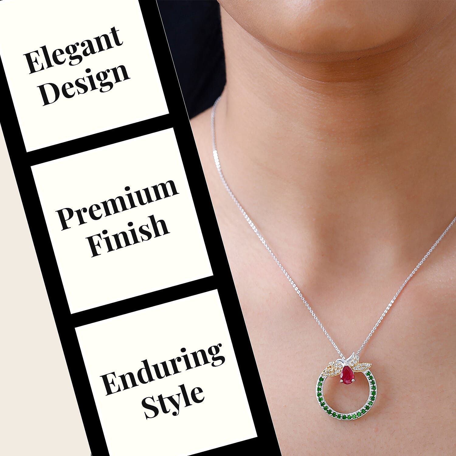 GP Italian Garden Collection African Ruby, Natural Chrome Diopside, White Zircon, Blue Sapphire Pendant with Chain and African Ruby, Blue Sapphire, Natural Chrome Diopside, White Zircon Fancy Drop Ear