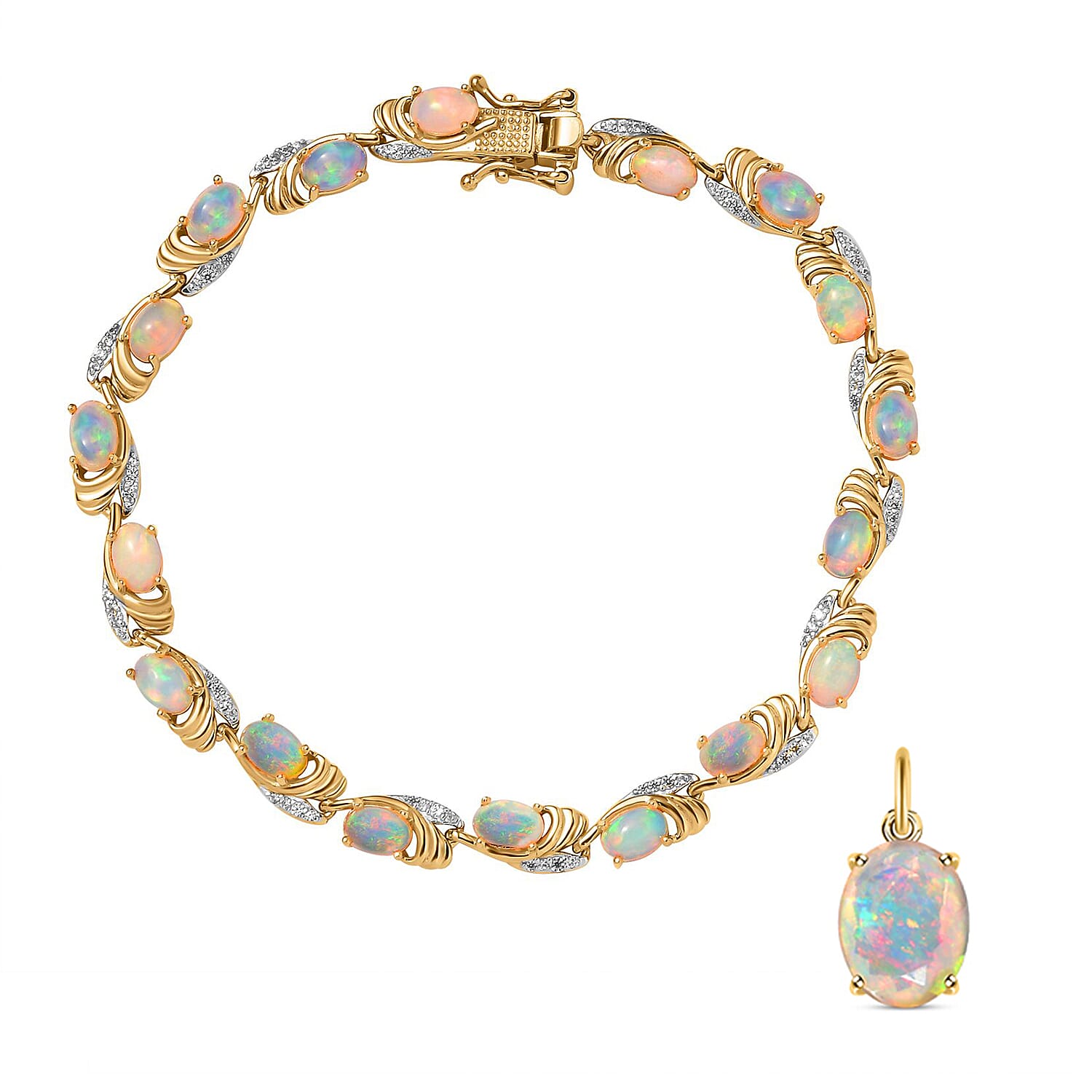 9K Yellow Gold Ethiopian Welo Opal Solitaire Pendant 1.05 Ct and Ethiopian Opal, White Zircon Bracelet in 18K Vermeil YG Plated Sterling Silver, Silver Wt. 12.09 Gms, 5.688 Ct.