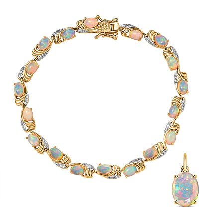 9K Yellow Gold Ethiopian Welo Opal Solitaire Pendant and Ethiopian Opal, White Zircon Bracelet in 18K Vermeil Yellow Gold Plated Sterling Silver