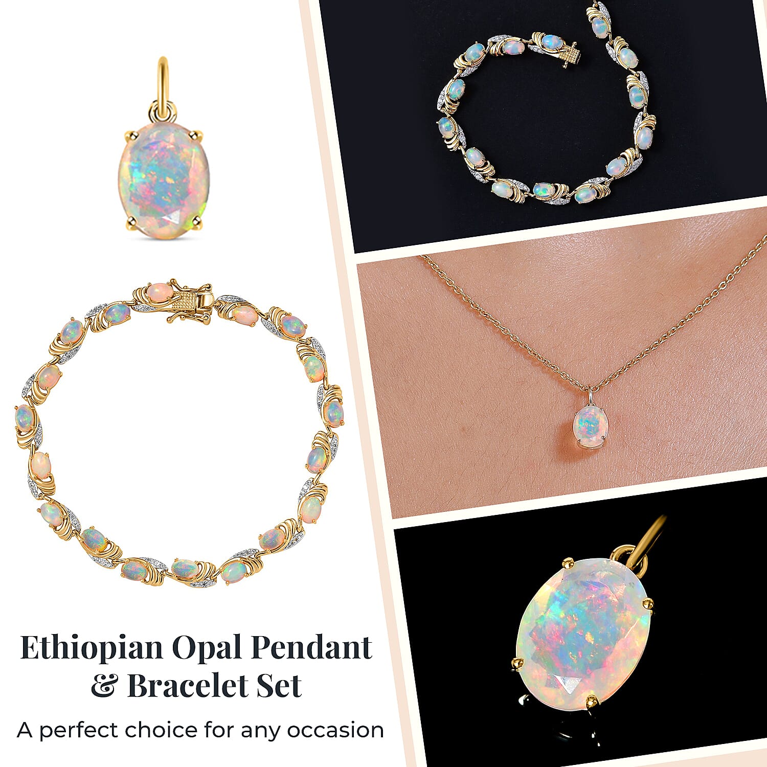 9K Yellow Gold Ethiopian Welo Opal Solitaire Pendant 1.05 Ct and Ethiopian Opal, White Zircon Bracelet in 18K Vermeil YG Plated Sterling Silver, Silver Wt. 12.09 Gms, 5.688 Ct.