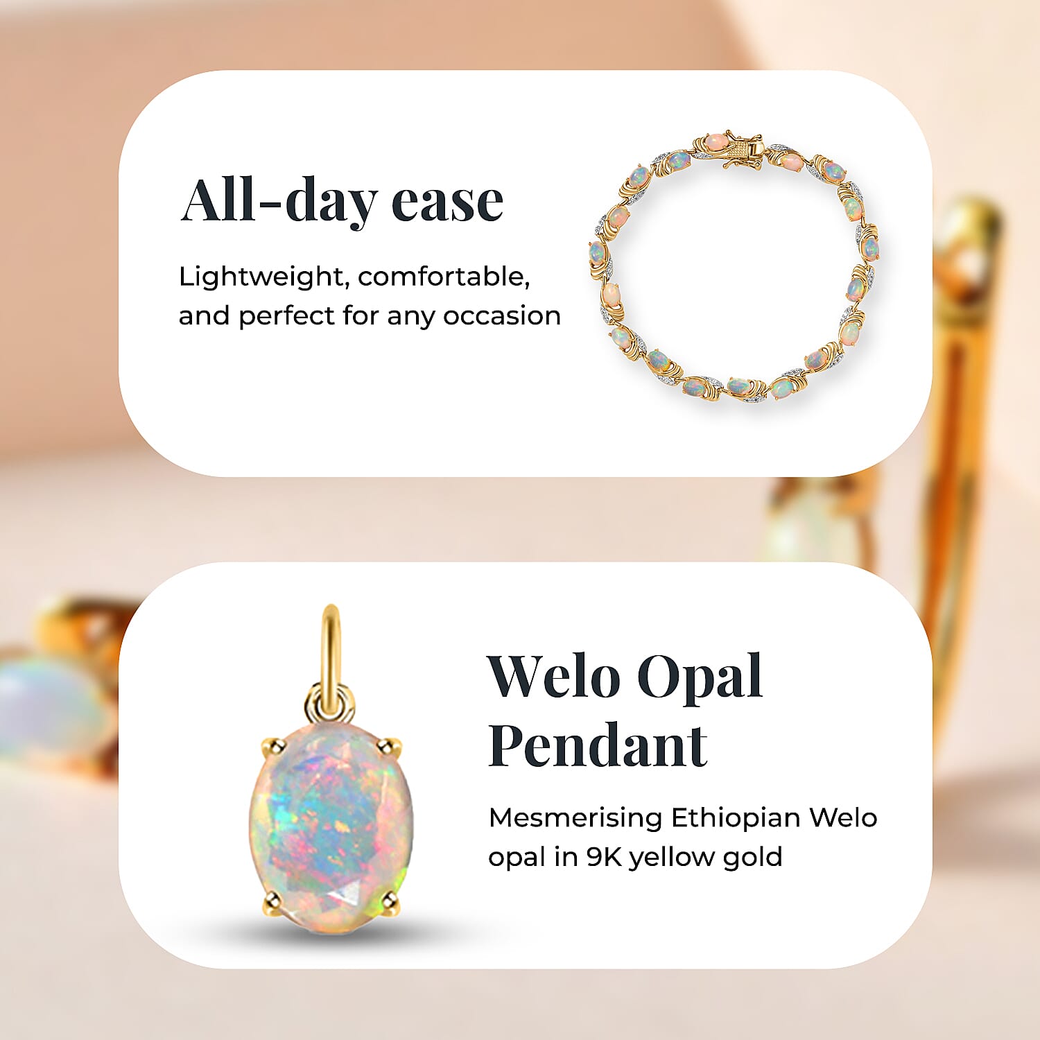 9K Yellow Gold Ethiopian Welo Opal Solitaire Pendant 1.05 Ct and Ethiopian Opal, White Zircon Bracelet in 18K Vermeil YG Plated Sterling Silver, Silver Wt. 12.09 Gms, 5.688 Ct.