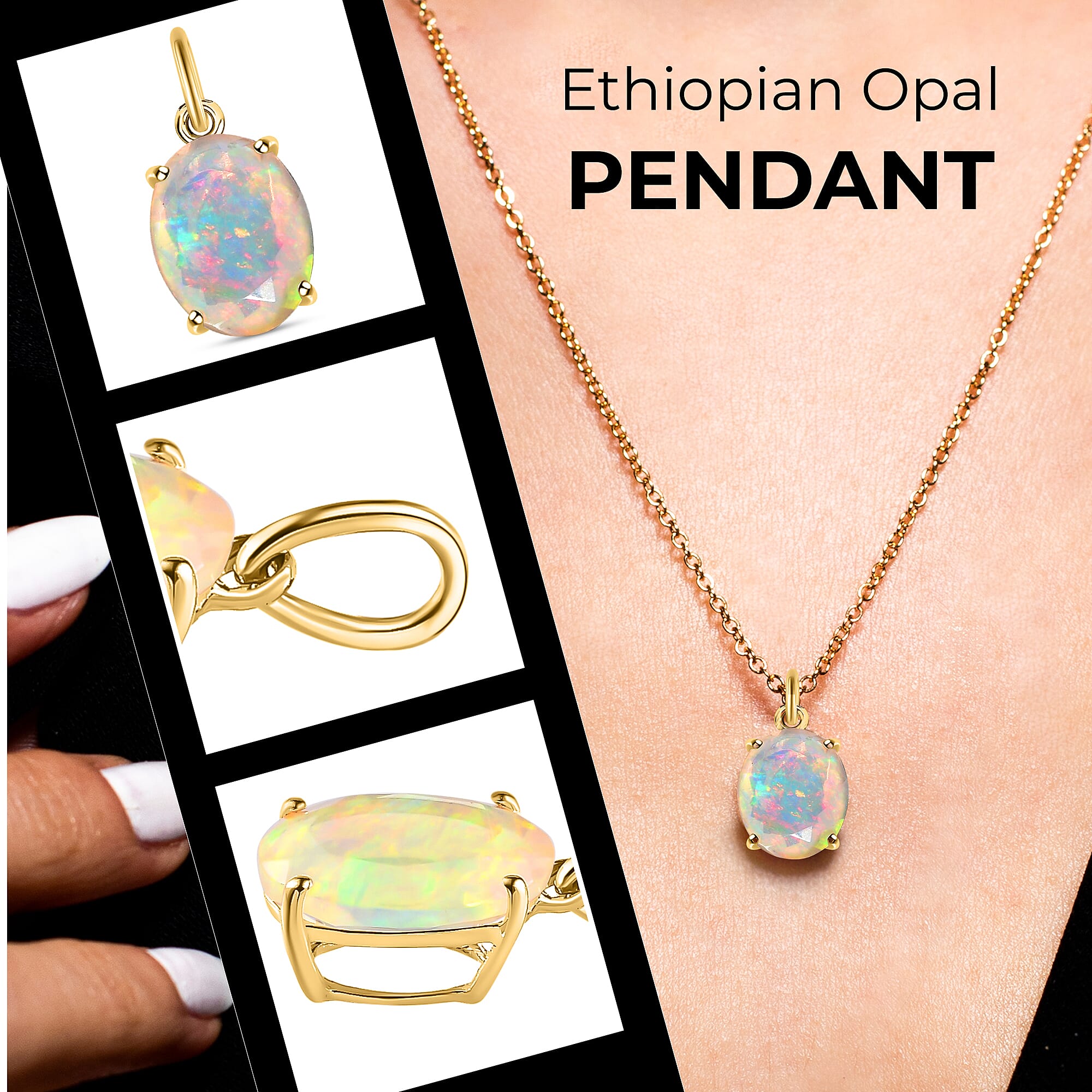 9K Yellow Gold Ethiopian Welo Opal Solitaire Pendant 1.05 Ct and Ethiopian Opal, White Zircon Bracelet in 18K Vermeil YG Plated Sterling Silver, Silver Wt. 12.09 Gms, 5.688 Ct.