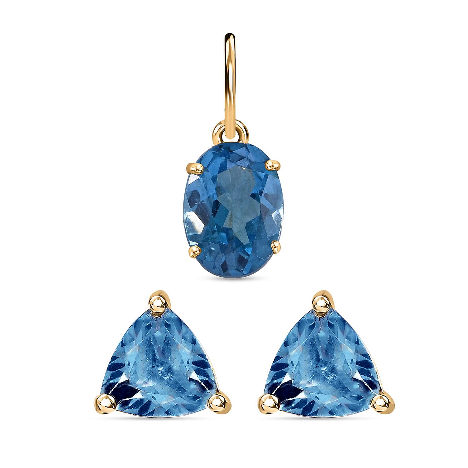 9K Yellow Gold AA Electric Blue Topaz Pendant 1.60 Ct. and 1.49 Ct. Blue Topaz Solitaire Stud Earrings in 14K Gold Plated Sterling Silver.