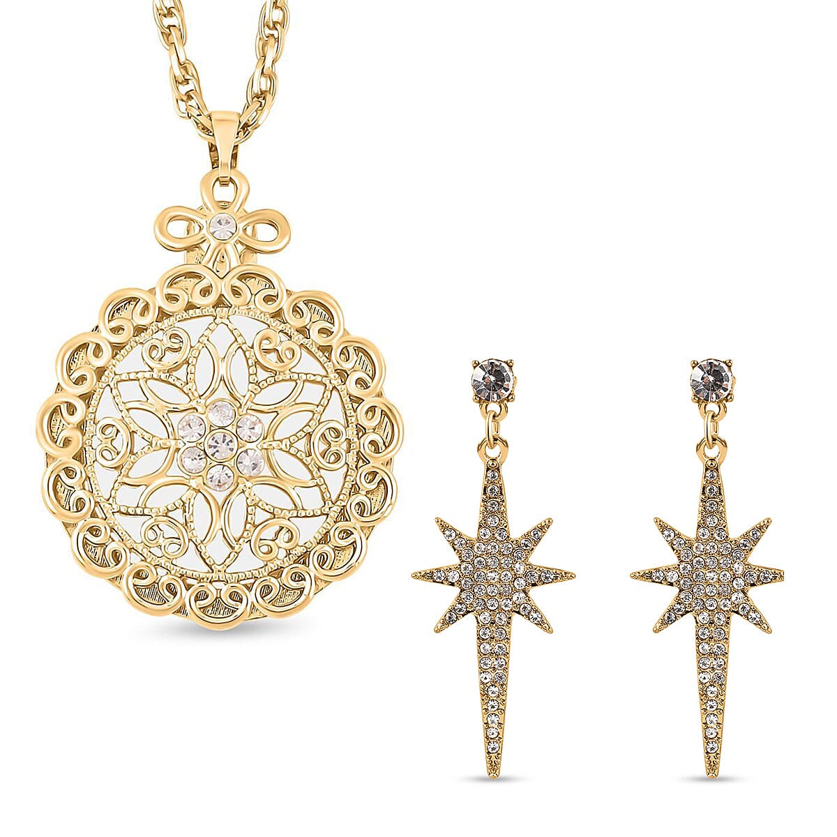 White Austrian Crystal and Magnifying Glass Mandala Art Floral Pendant with Stainless Steel Chain (Size 24-2 Inch Ext.) and White Austrian Crystal Star Drop Earrings in Yellow Gold Tone