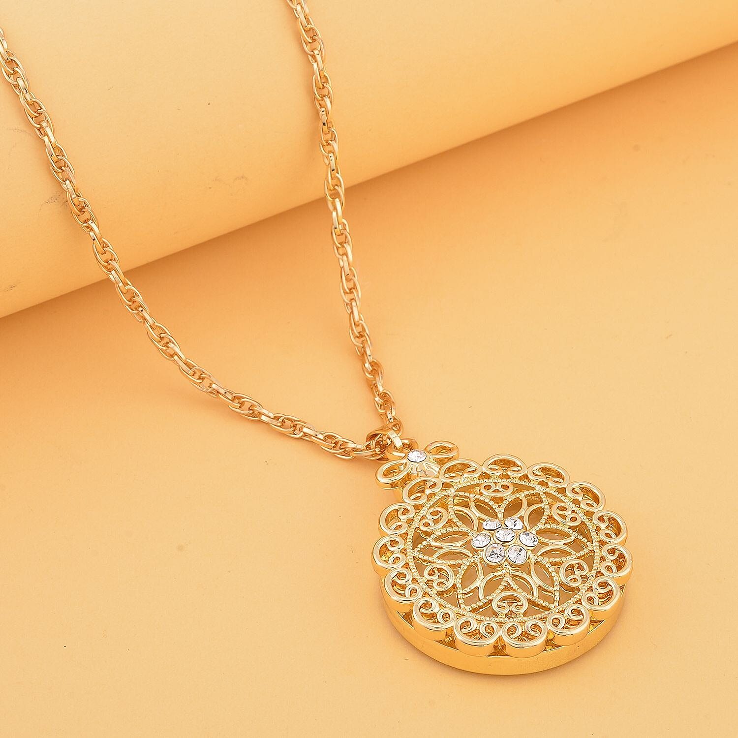 White Austrian Crystal and Magnifying Glass Mandala Art Floral Pendant with Stainless Steel Chain (Size 24-2 Inch Ext.) and White Austrian Crystal Star Drop Earrings in Yellow Gold Tone