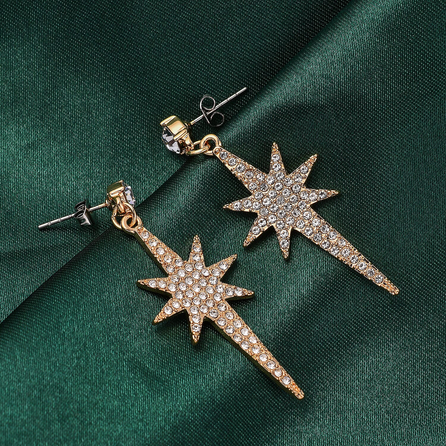 White Austrian Crystal and Magnifying Glass Mandala Art Floral Pendant with Stainless Steel Chain (Size 24-2 Inch Ext.) and White Austrian Crystal Star Drop Earrings in Yellow Gold Tone