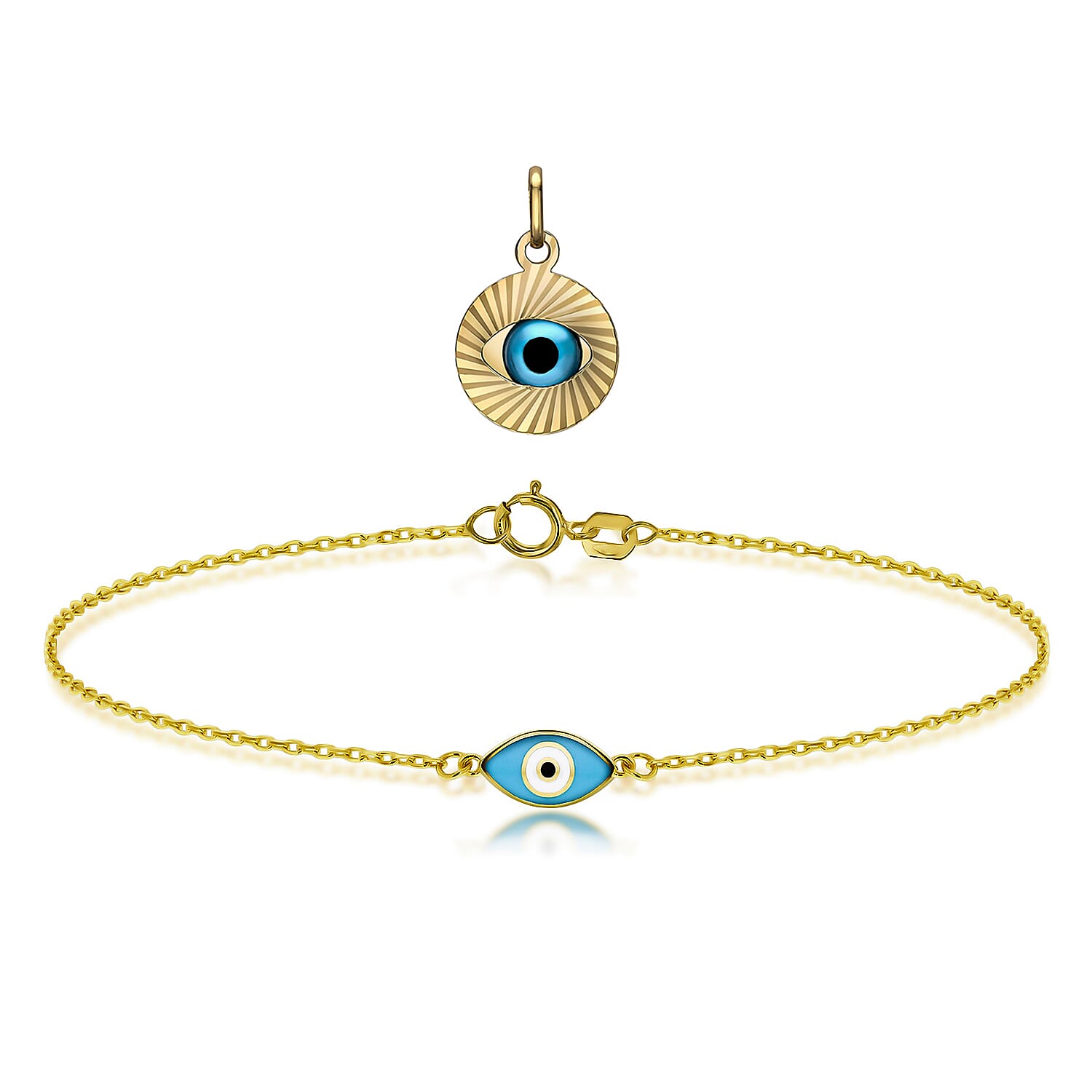 9K Yellow Gold 13mm X 21.5mm Diamond Cut Evil Eye Pendant and Bracelet 7.5 Inch