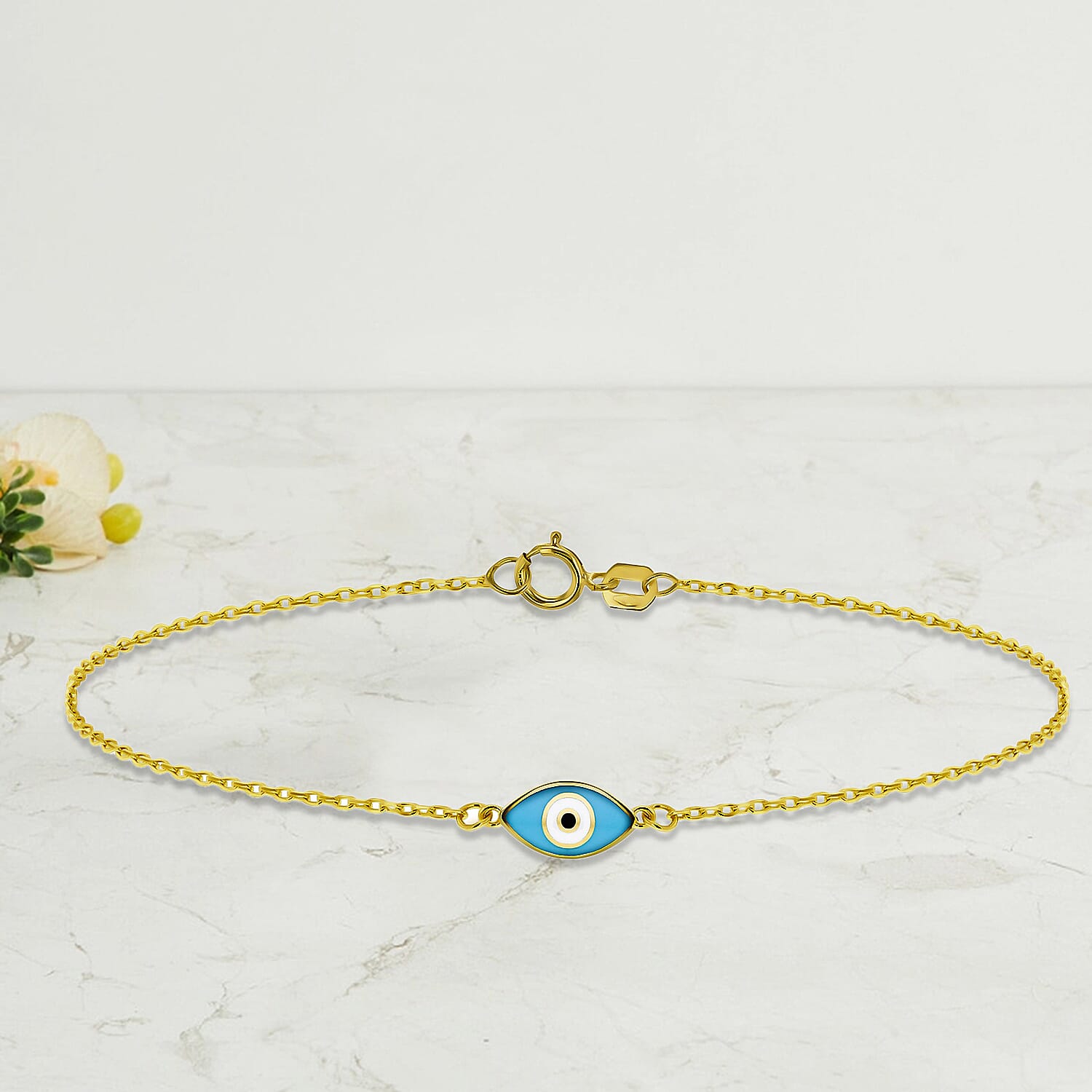 9K Yellow Gold 13mm X 21.5mm Diamond Cut Evil Eye Pendant and Bracelet 7.5 Inch