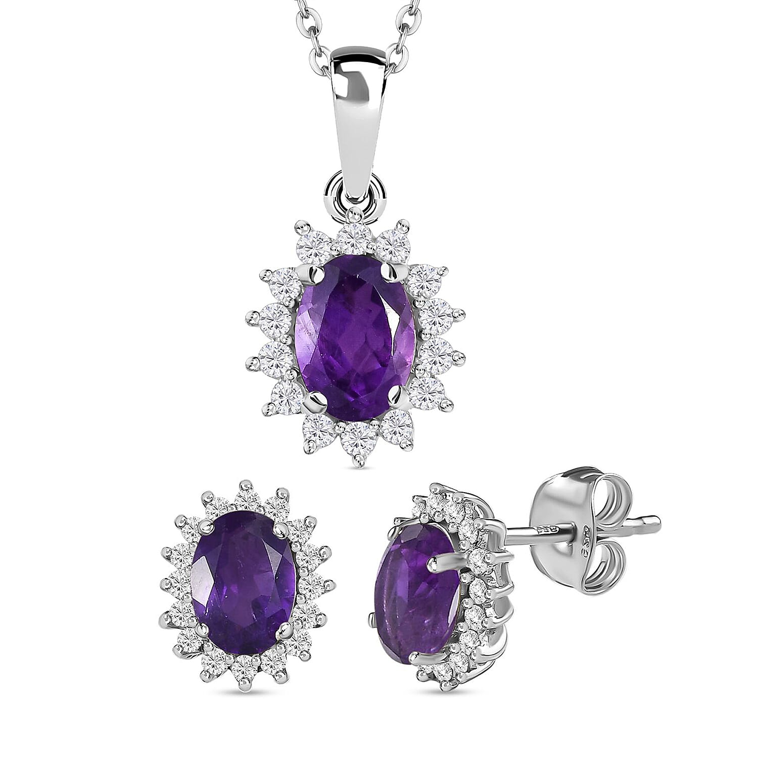 Amethyst and Natural Zircon Halo Pendant with Chain (Size 20) 1.00 Ct. and 1.74 Carat African Amethyst and Cambodian Zircon Halo Earrings in Platinum Overlay Sterling Silver