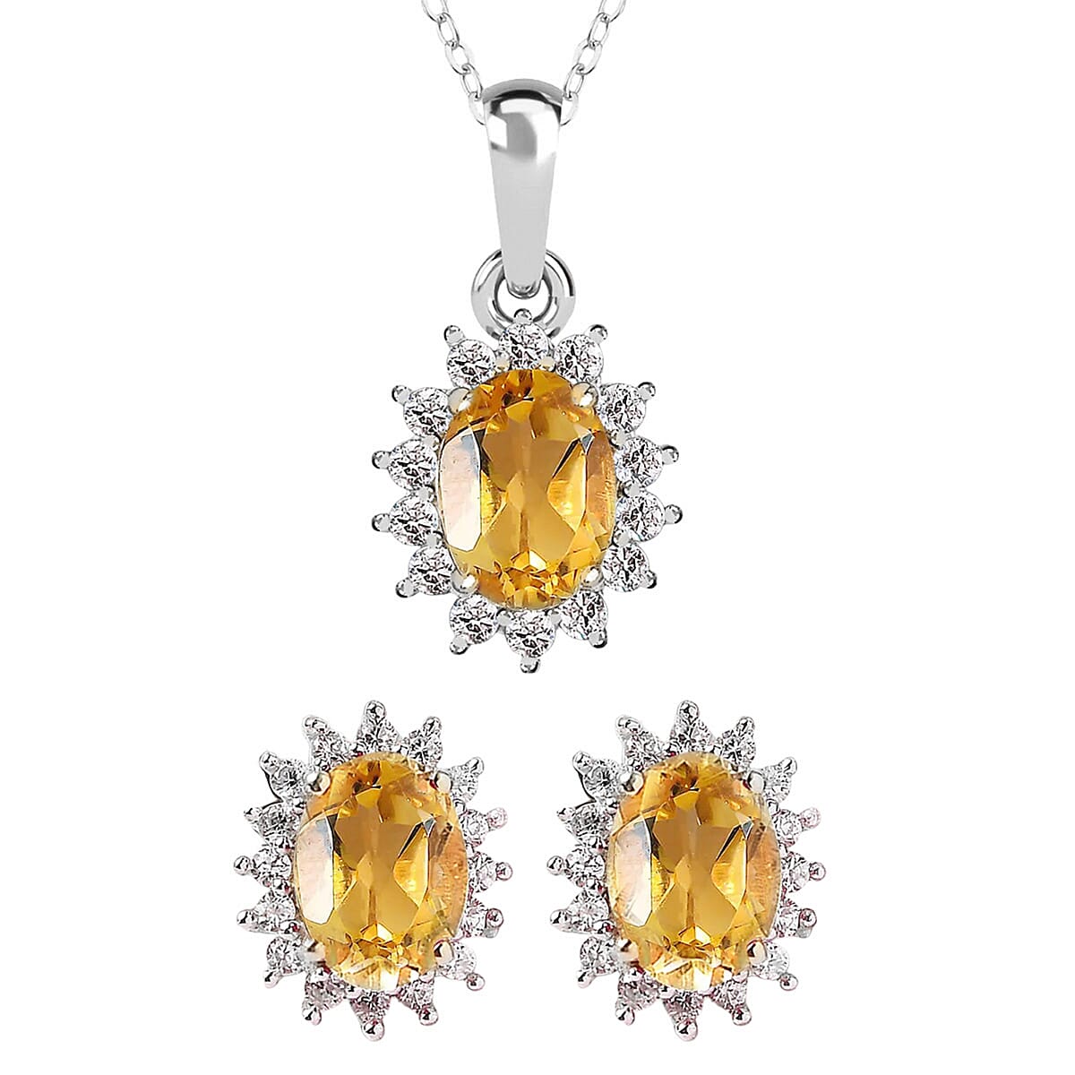 Citrine and Natural Zircon Pendant with Chain (Size 20) 1.00 Ct. and 1.83 Ct. Citrine and Natural Cambodian Zircon Halo Earrings in Platinum Overlay Sterling Silver 1.00 Ct.