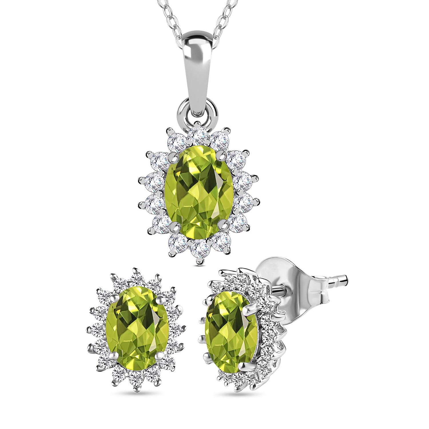 Peridot and Zircon Pendant with Chain (Size - 20) 1.17 Ct. and 2.12 Ct. Hebei Peridot and Natural Cambodian Zircon Earrings in Platinum Overlay Sterling Silver