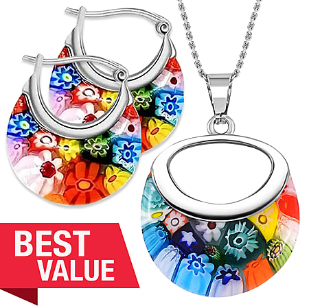 Multi Colour Murano Style Basket Earrings & Pendant in Stainless Steel