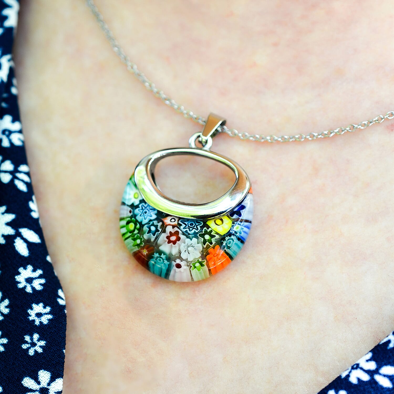 Multi Colour Murano Style Basket Earrings & Pendant in Stainless Steel