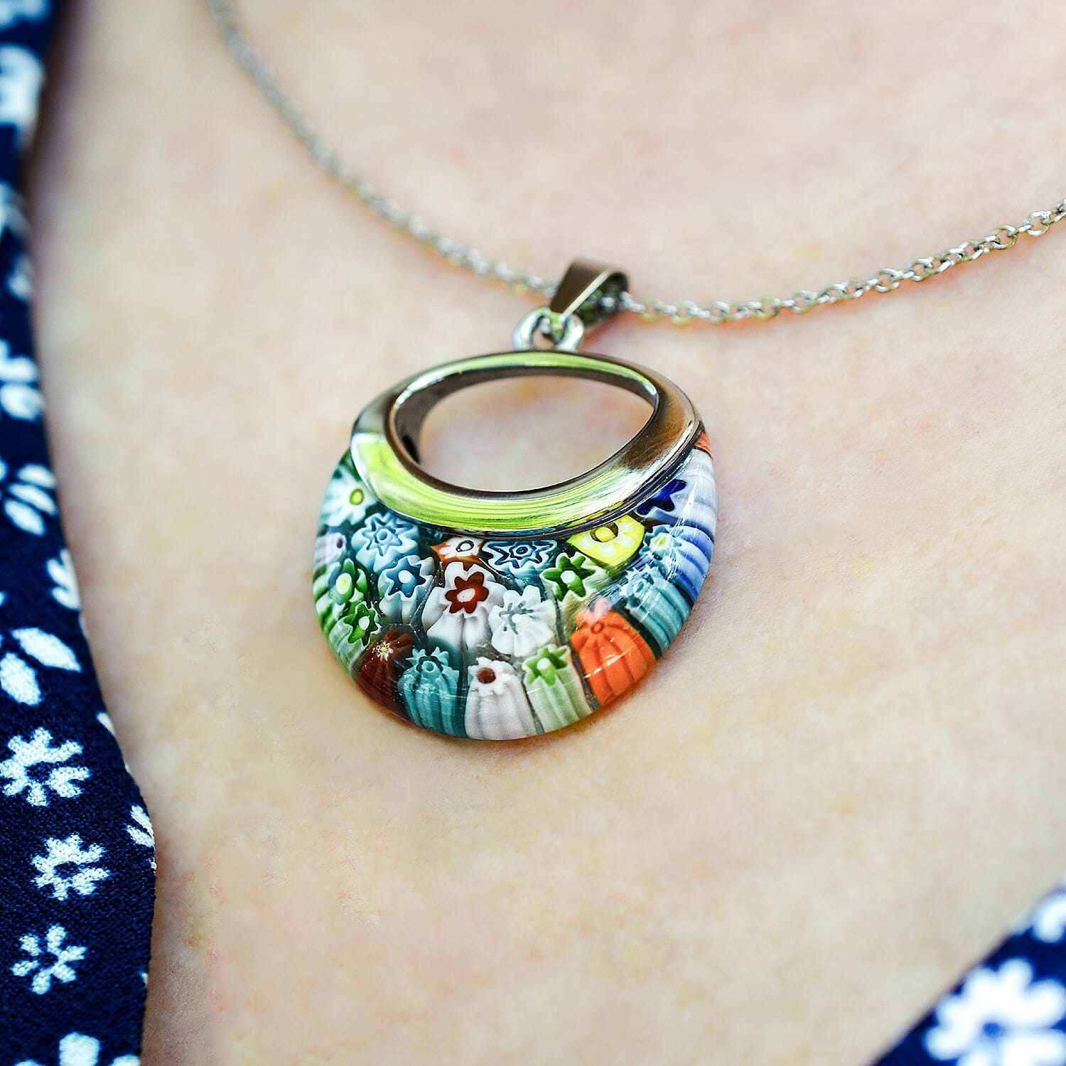 Multi Colour Murano Style Basket Earrings & Pendant in Stainless Steel