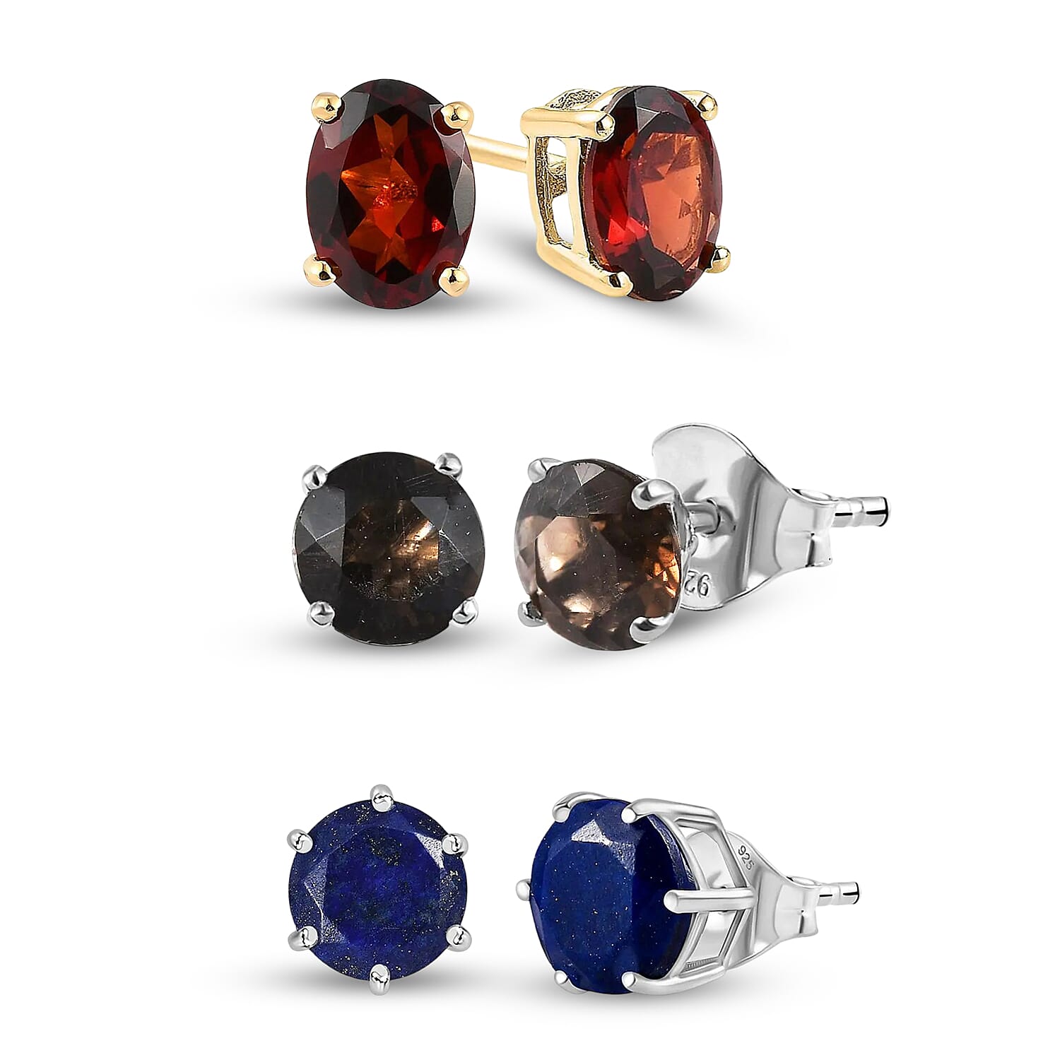 Red Garnet Solitaire Earrings in 14K Gold Plated Sterling Silver 1.62 Ct, Smoky Quartz Push Post Earrings in Platinum Plated Sterling Silver 1.33 Ct and Lapis Lazuli Siolitaire Stud Earrings in Platin