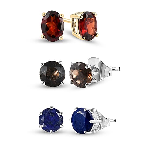 Red Garnet Solitaire Earrings in 14K Gold Plated Sterling Silver 1.62 Ct, Smoky Quartz Push Post Earrings in Platinum Plated Sterling Silver 1.33 Ct and Lapis Lazuli Siolitaire Stud Earrings in Platin