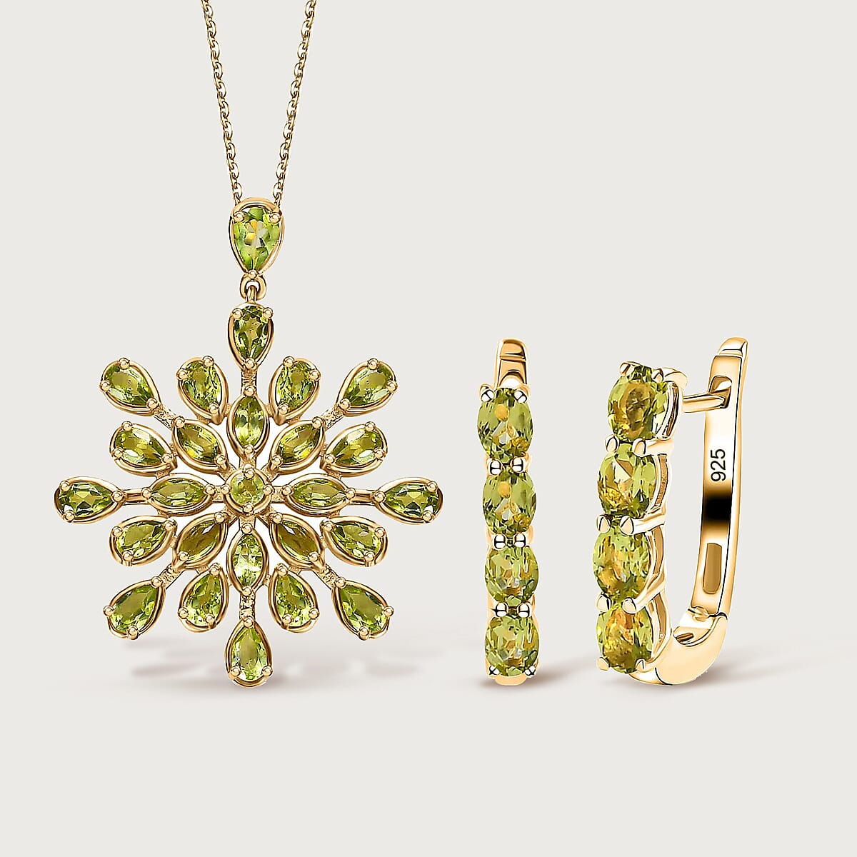Hebei Peridot Floral Pendant with Chain 5.74 Ct, Silver Wt 8.79 GM and Hoop Earrings in 18K Vermeil Yellow Gold Plated Sterling Silver 5.74 Ct, Silver Wt 8.79 GM