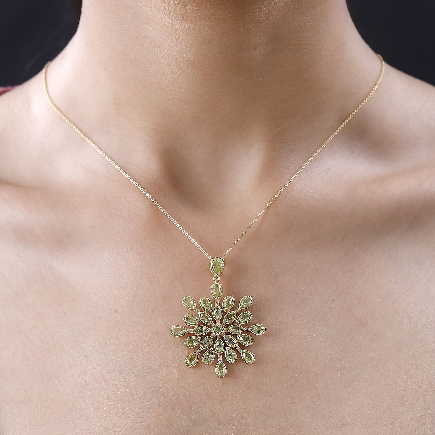 Hebei Peridot Floral Pendant with Chain 5.74 Ct, Silver Wt 8.79 GM and Hoop Earrings in 18K Vermeil Yellow Gold Plated Sterling Silver 5.74 Ct, Silver Wt 8.79 GM