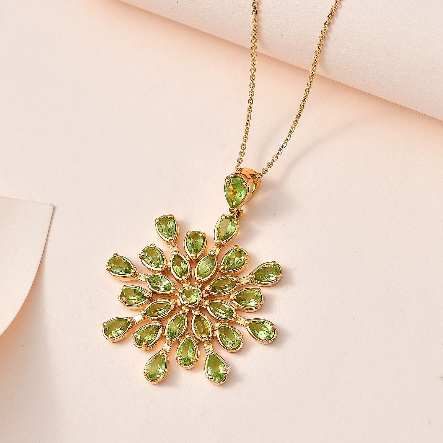 Hebei Peridot Floral Pendant with Chain 5.74 Ct, Silver Wt 8.79 GM and Hoop Earrings in 18K Vermeil Yellow Gold Plated Sterling Silver 5.74 Ct, Silver Wt 8.79 GM