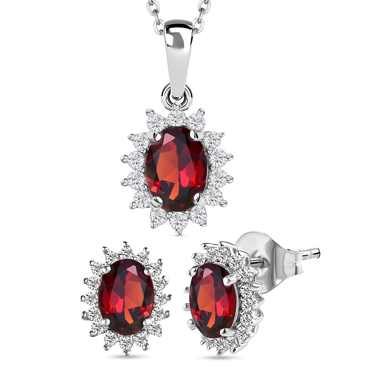Red Garnet and Natural Cambodian Zircon Halo Pendant with Chain (Size 20) 1.188 Ct. with Lobster Lock and Halo Earrings 2.43 Ct. in Platinum Overlay Sterling Silver