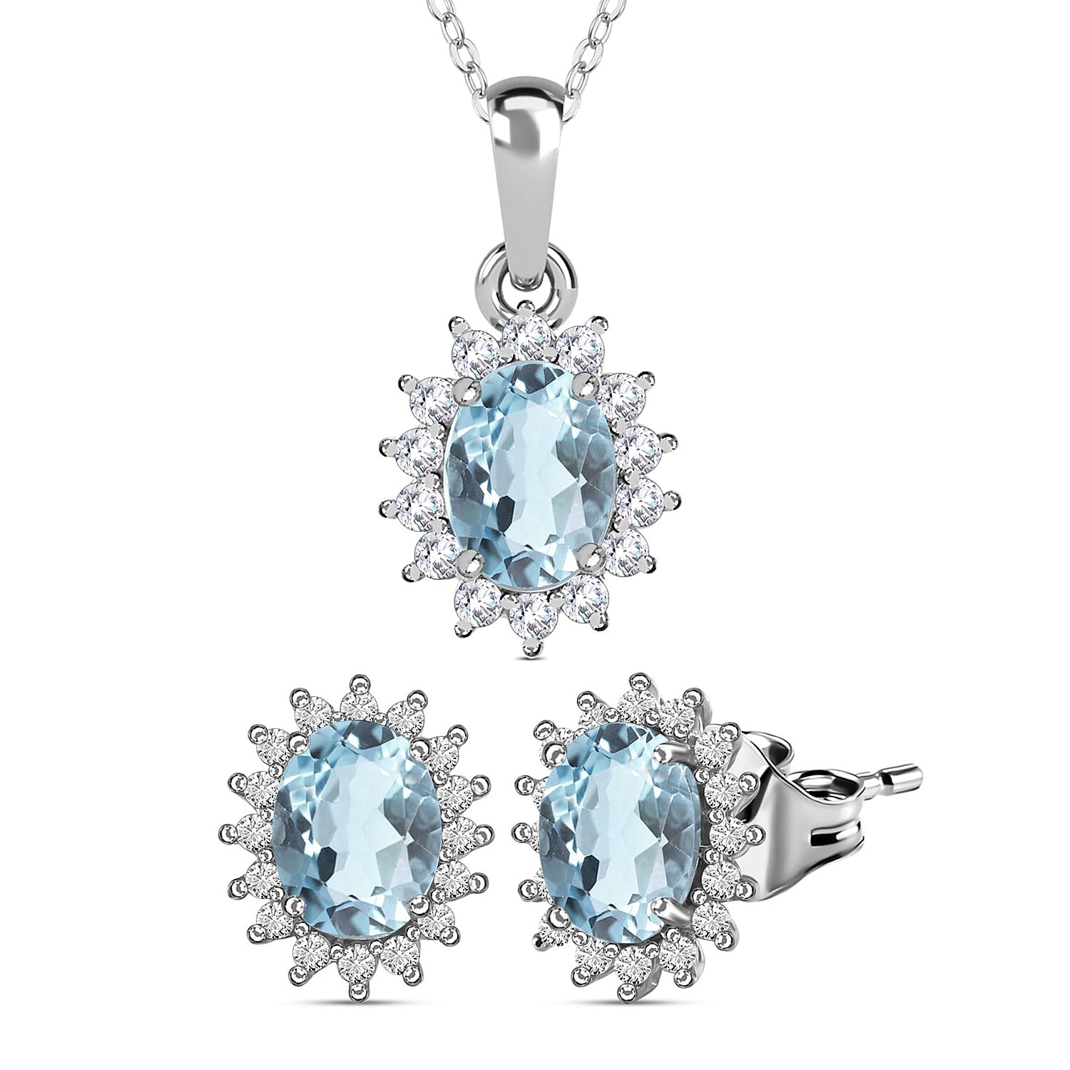 Aquamarine and Natural Cambodian Zircon Pendant with Chain (Size 20) 1.12 Ct. and Halo Stud Earrings 2.30 Ct. in Platinum Overlay Sterling Silver