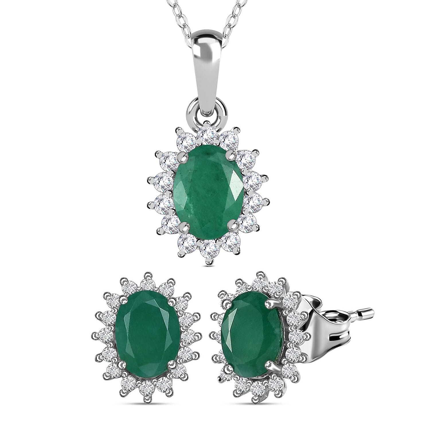 Socoto Emerald and Natural Zircon Halo Pendant with Chain (Size 20) 1.05 Ct and Halo Stud Earrings 1.75 Ct. in Platinum Overlay Sterling Silver