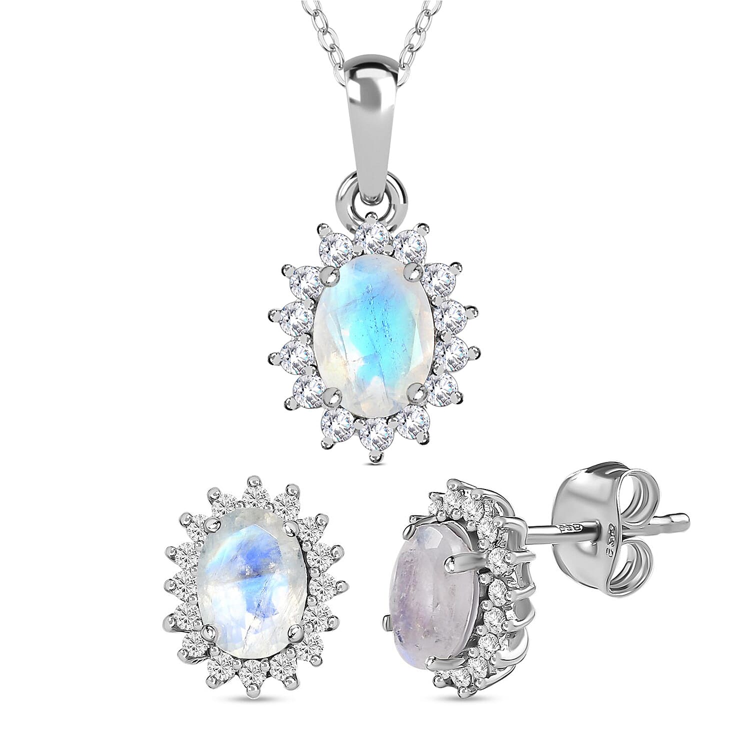 Rainbow Moonstone and Natural Zircon Halo Pendant with Chain (Size - 20) and Stud Earrings in Platinum Overlay Sterling Silver