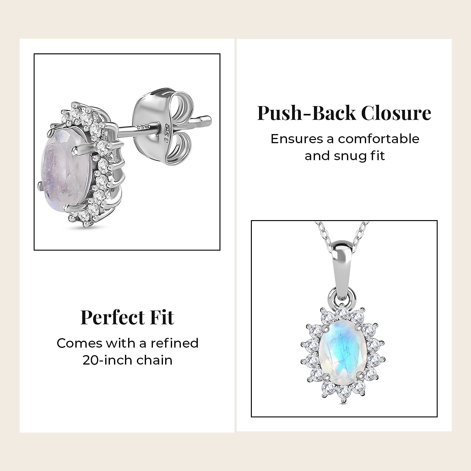Rainbow Moonstone and Natural Zircon Halo Pendant with Chain (Size - 20) and Stud Earrings in Platinum Overlay Sterling Silver
