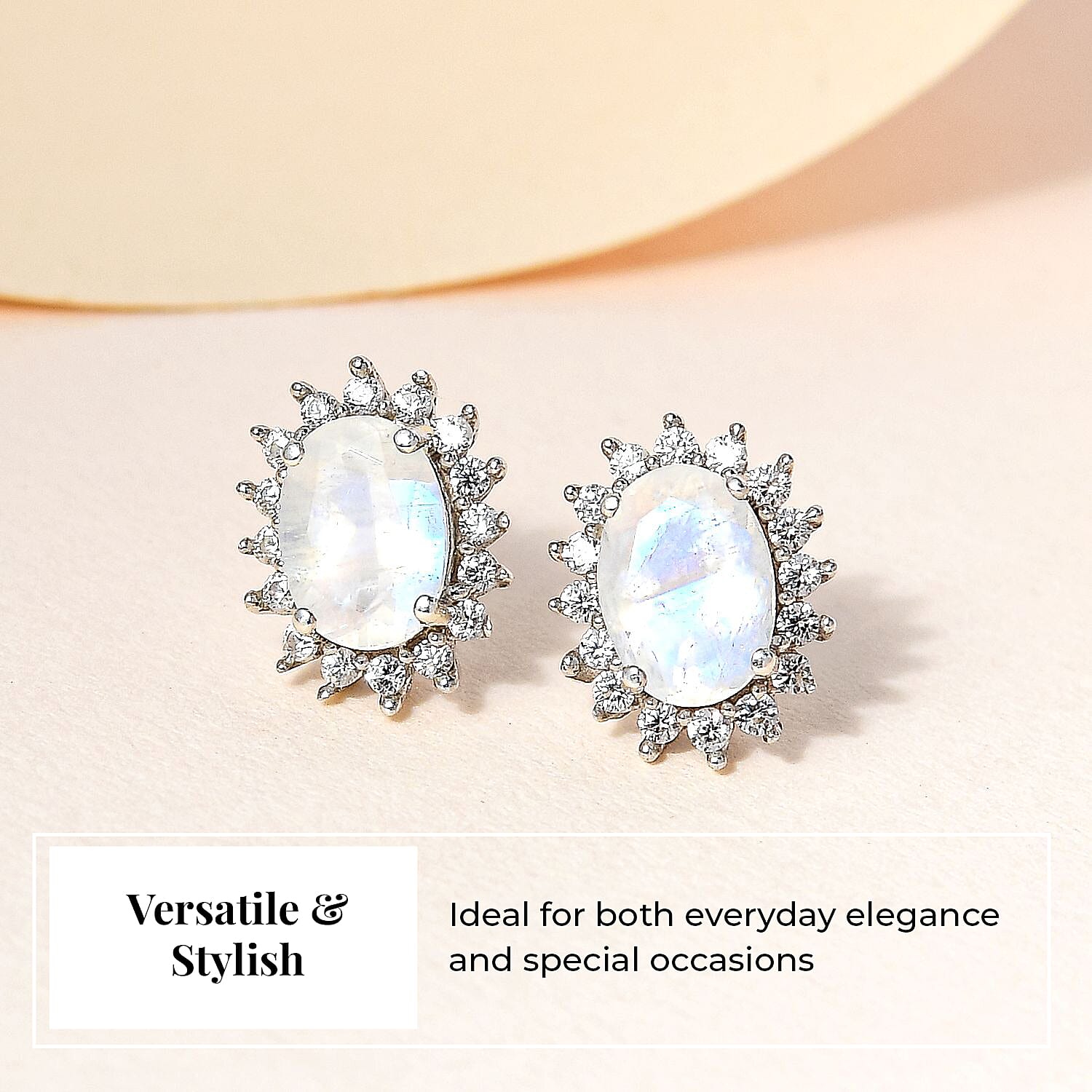 Rainbow Moonstone and Natural Zircon Halo Pendant with Chain (Size - 20) and Stud Earrings in Platinum Overlay Sterling Silver