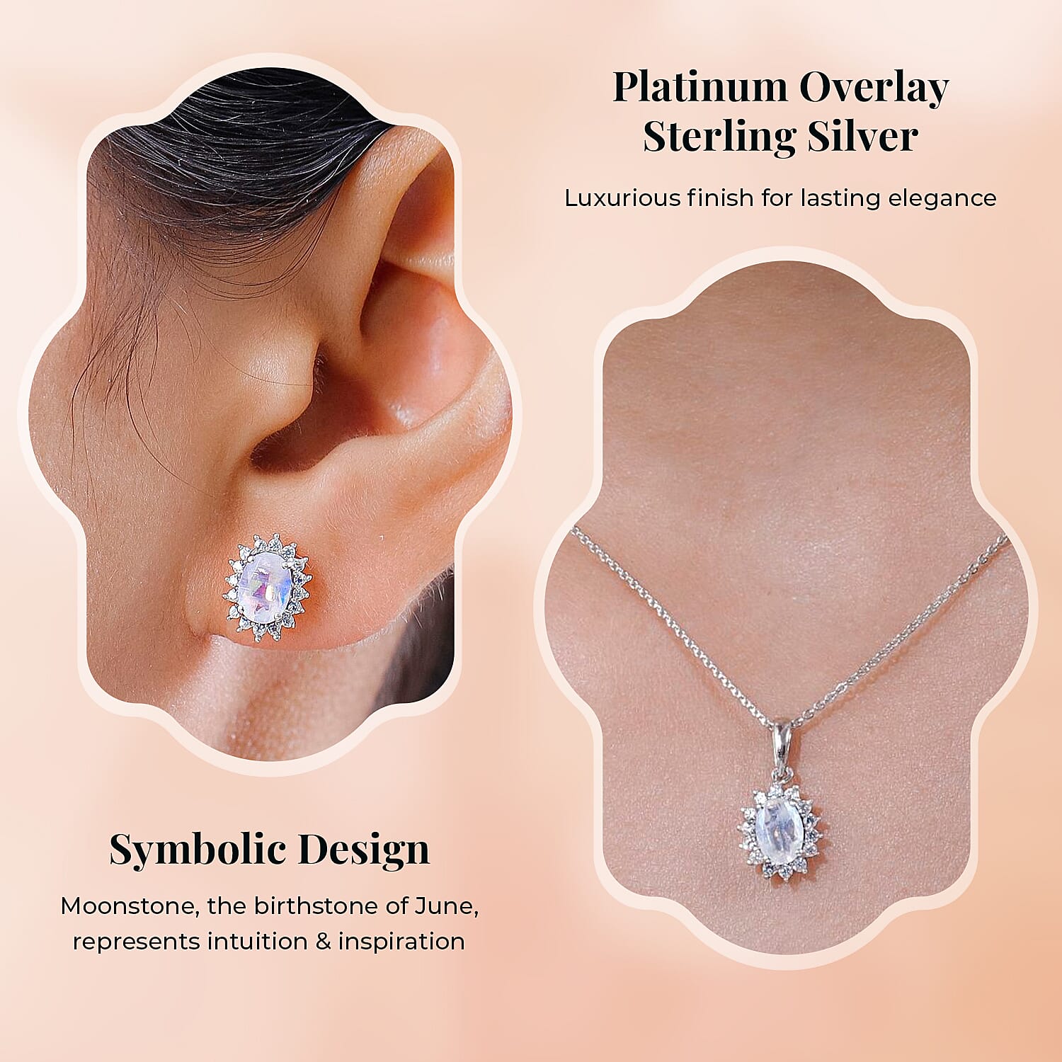 Rainbow Moonstone and Natural Zircon Halo Pendant with Chain (Size - 20) and Stud Earrings in Platinum Overlay Sterling Silver