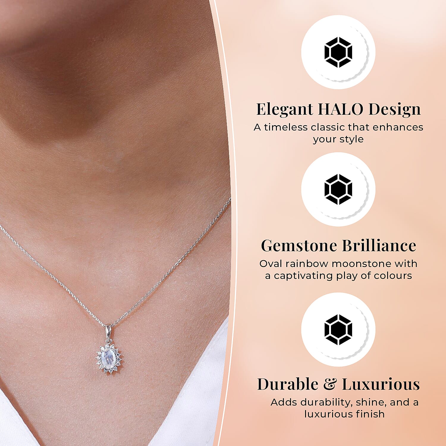 Rainbow Moonstone and Natural Zircon Halo Pendant with Chain (Size - 20) and Stud Earrings in Platinum Overlay Sterling Silver