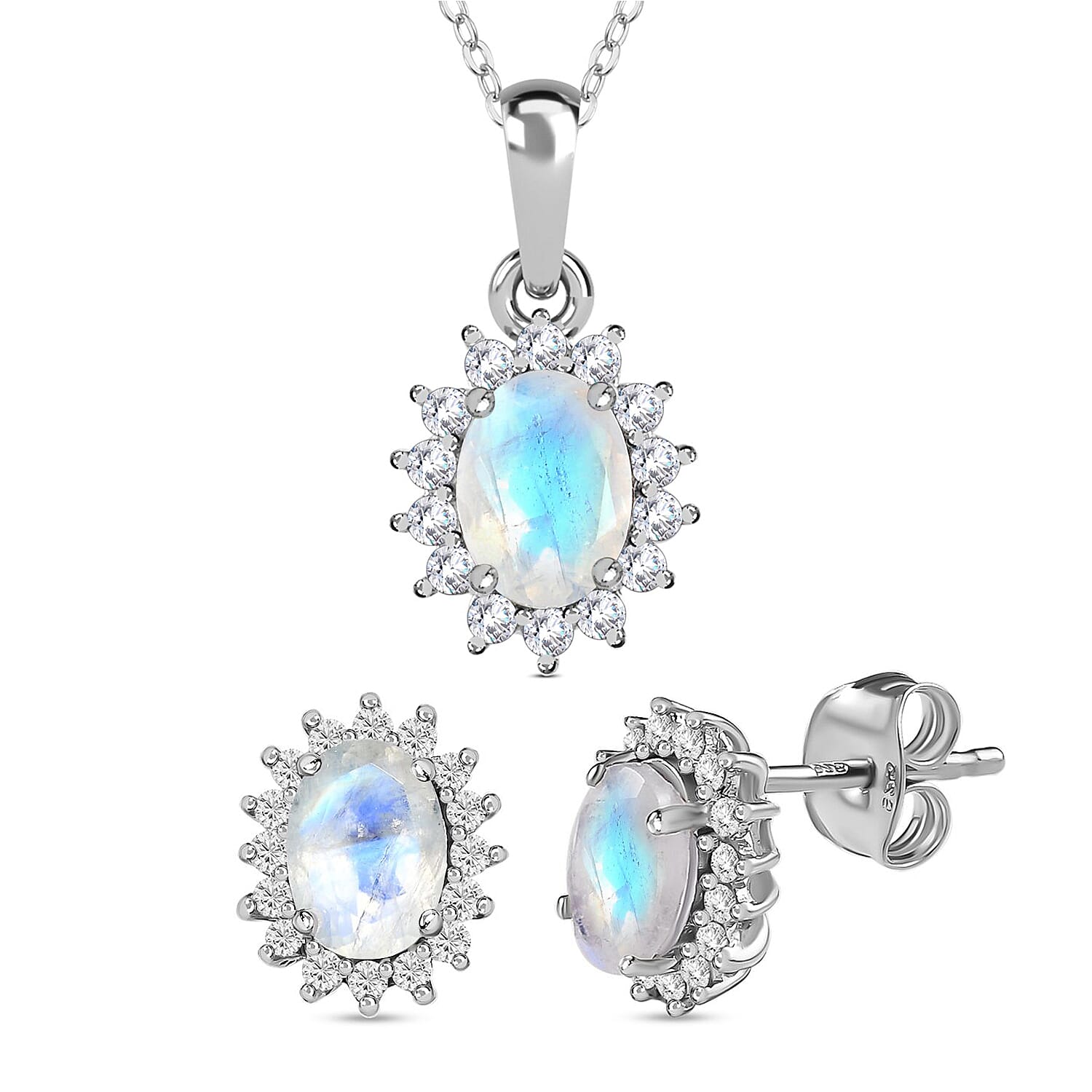 Rainbow Moonstone and Natural Zircon Halo Pendant with Chain (Size - 20) and Stud Earrings in Platinum Overlay Sterling Silver