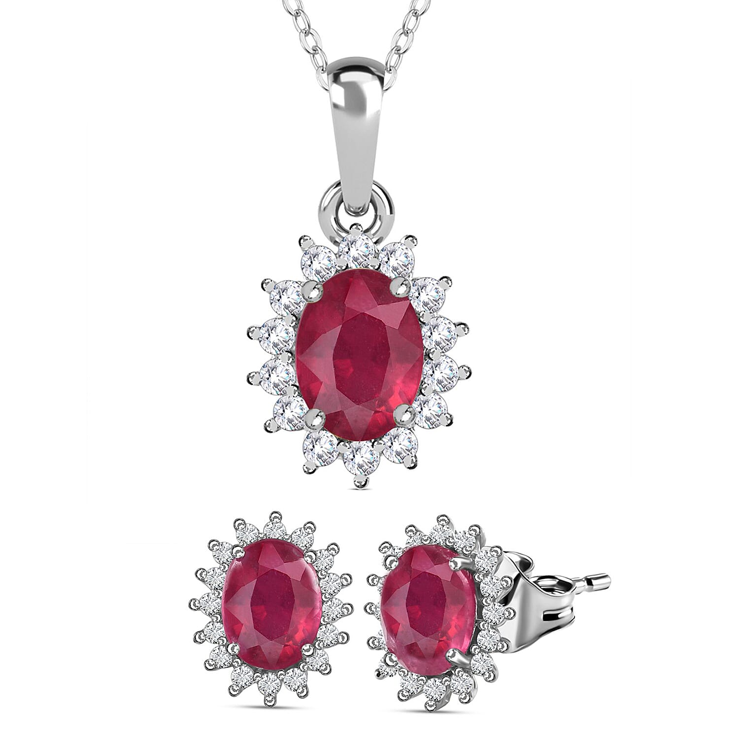 African Ruby (FF) and Natural Zircon Halo Pendant with Chain (Size - 20) 1.36 Ct and Halo Stud Earrings 2.95 Ct. in Platinum Overlay Sterling Silver