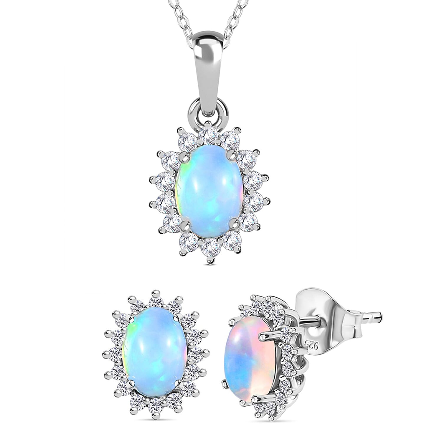 Ethiopian Welo Opal and Natural Zircon Halo Pendant with Chain (Size 20) and Earrings (with Push Back) in Platinum Overlay Sterling Silver