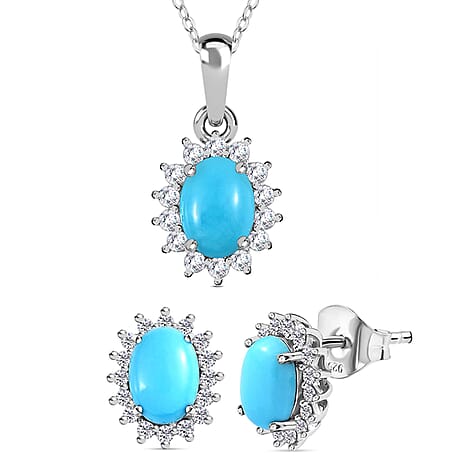 Arizona Sleeping Beauty Turquoise and Natural Cambodian Zircon Pendant with Chain (Size - 20) 0.99 Ct. and Earrings 2.48 Ct in Platinum Overlay Sterling Silver