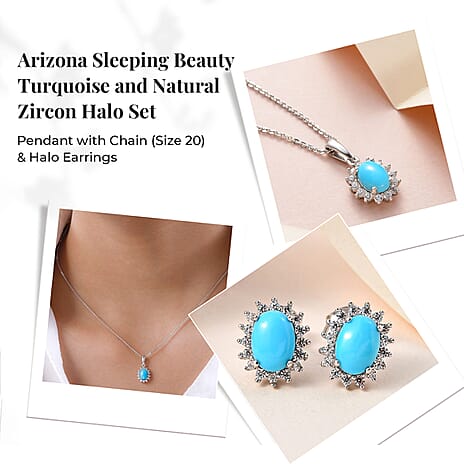 Arizona Sleeping Beauty Turquoise and Natural Cambodian Zircon Pendant with Chain (Size - 20) 0.99 Ct. and Earrings 2.48 Ct in Platinum Overlay Sterling Silver