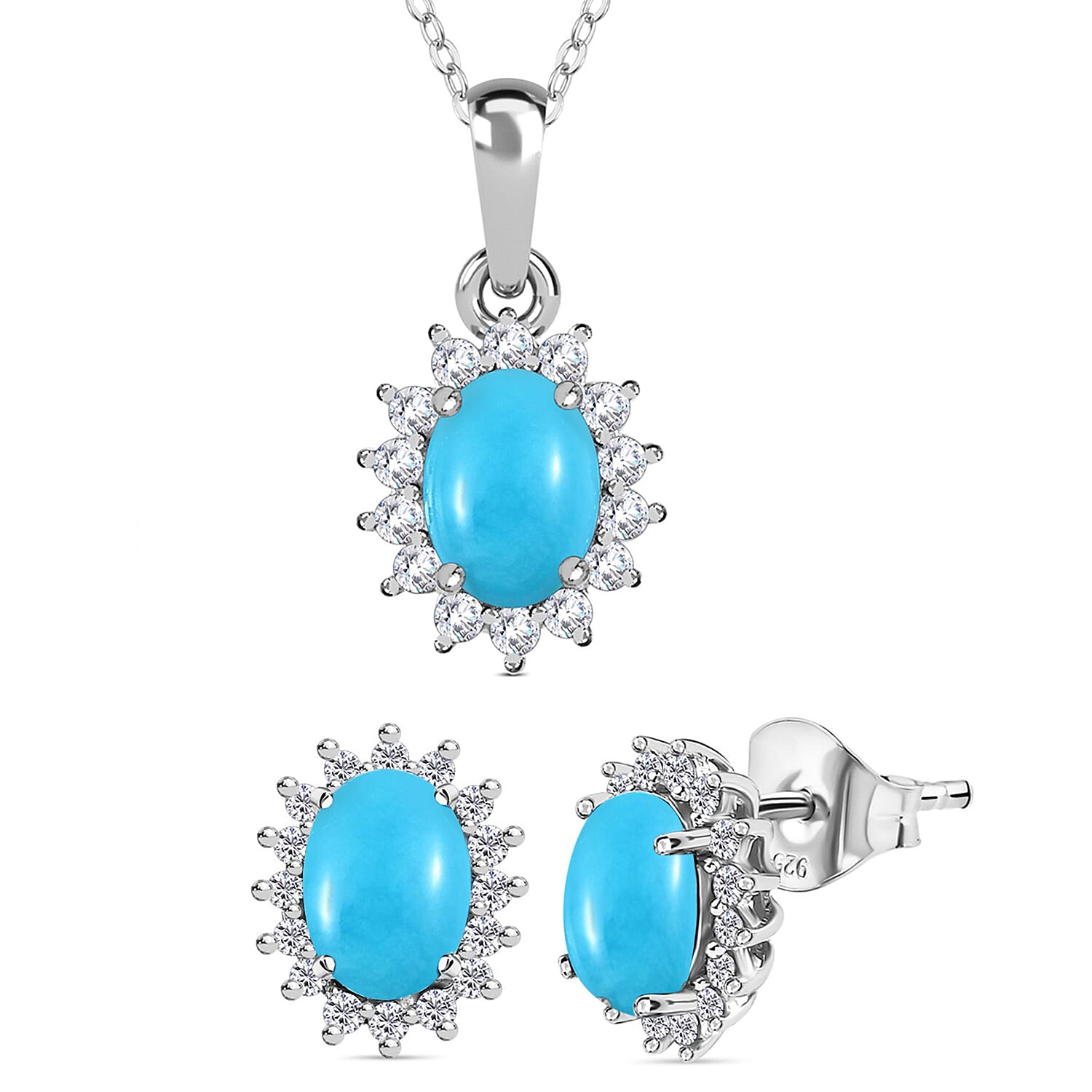 Arizona Sleeping Beauty Turquoise and Natural Cambodian Zircon Pendant with Chain (Size - 20) 0.99 Ct. and Earrings 2.48 Ct in Platinum Overlay Sterling Silver