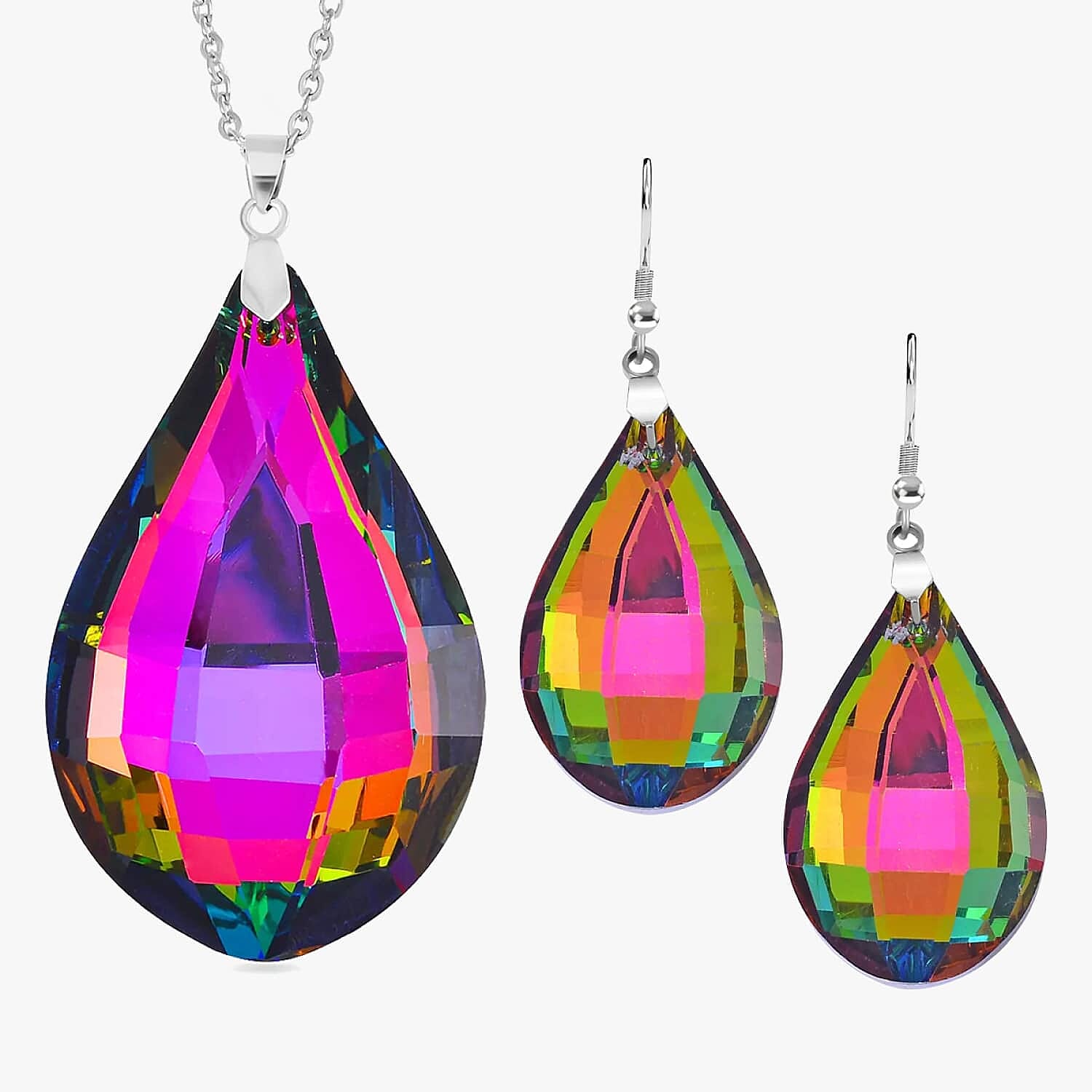 White Magic Colour Crystal Necklace (Size - 24) 0.010 Ct. and Earrings 0.010 Ct. Pure White Stainless Steel