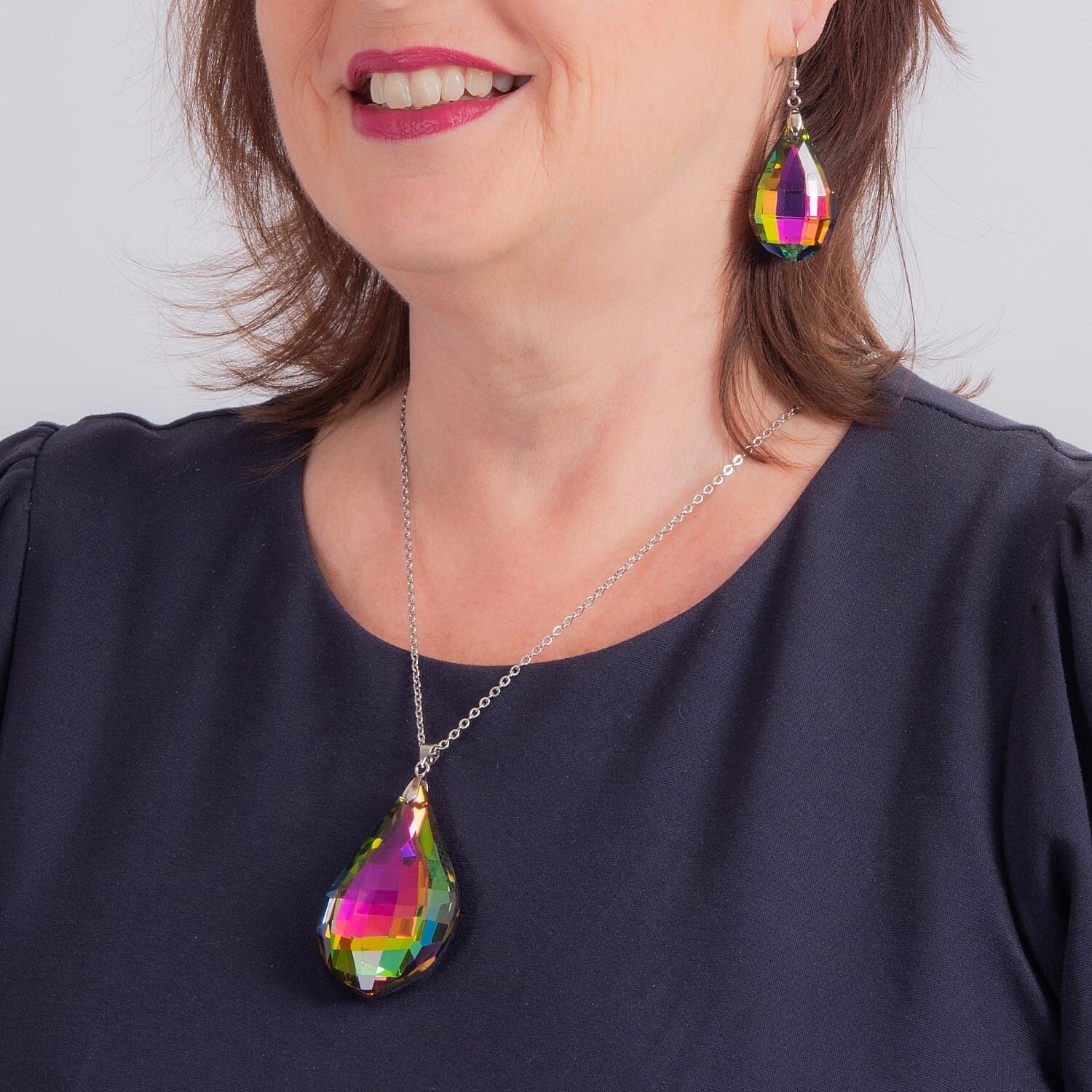 White Magic Colour Crystal Necklace (Size - 24) 0.010 Ct. and Earrings 0.010 Ct. Pure White Stainless Steel