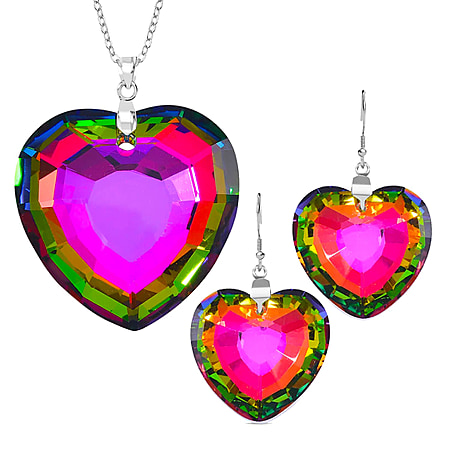 Multi Colour Crystal Heart Earrings and Necklace (Size - 24) in Pure White Stainless Steel