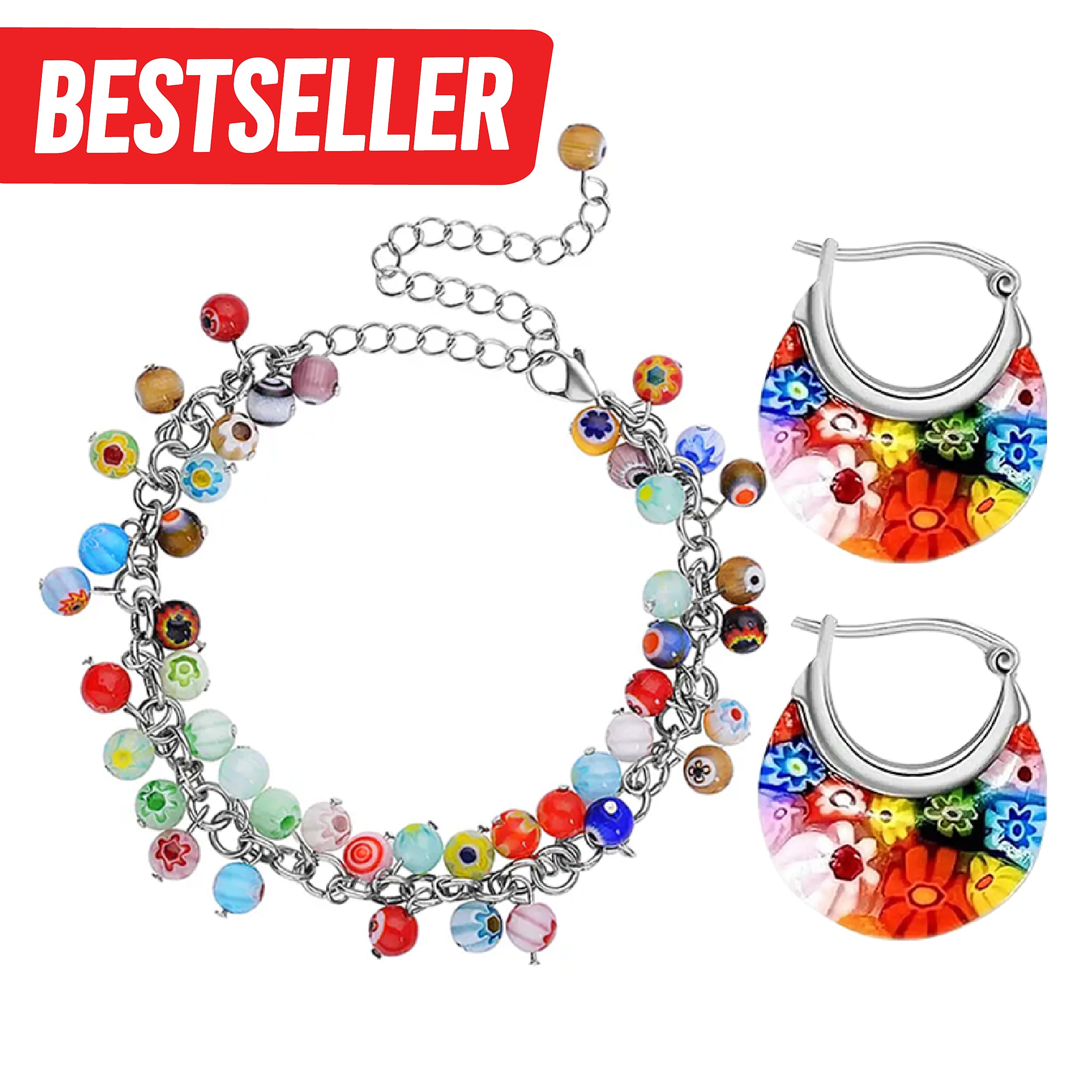 Multi Colour Murano Style Glass Stainless Steel Bracelet and Basket Earrings