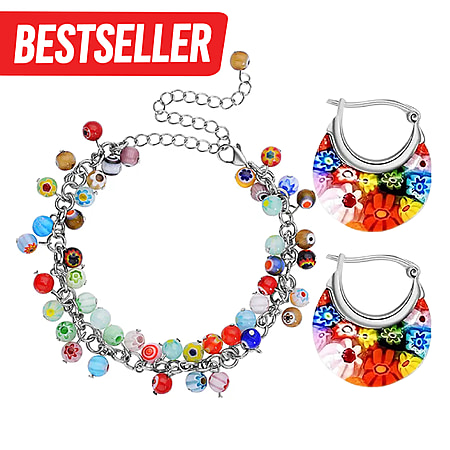 Multi Colour Murano Style Glass Stainless Steel Bracelet and Basket Earrings