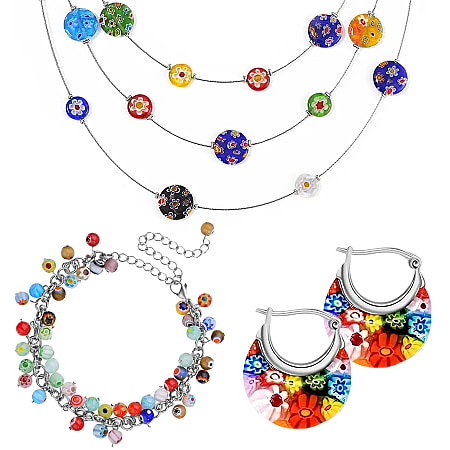 Multi Colour Murano Style Glass Basket Earrings, Bracelet and Necklace (18 inch) in Stainless Steel