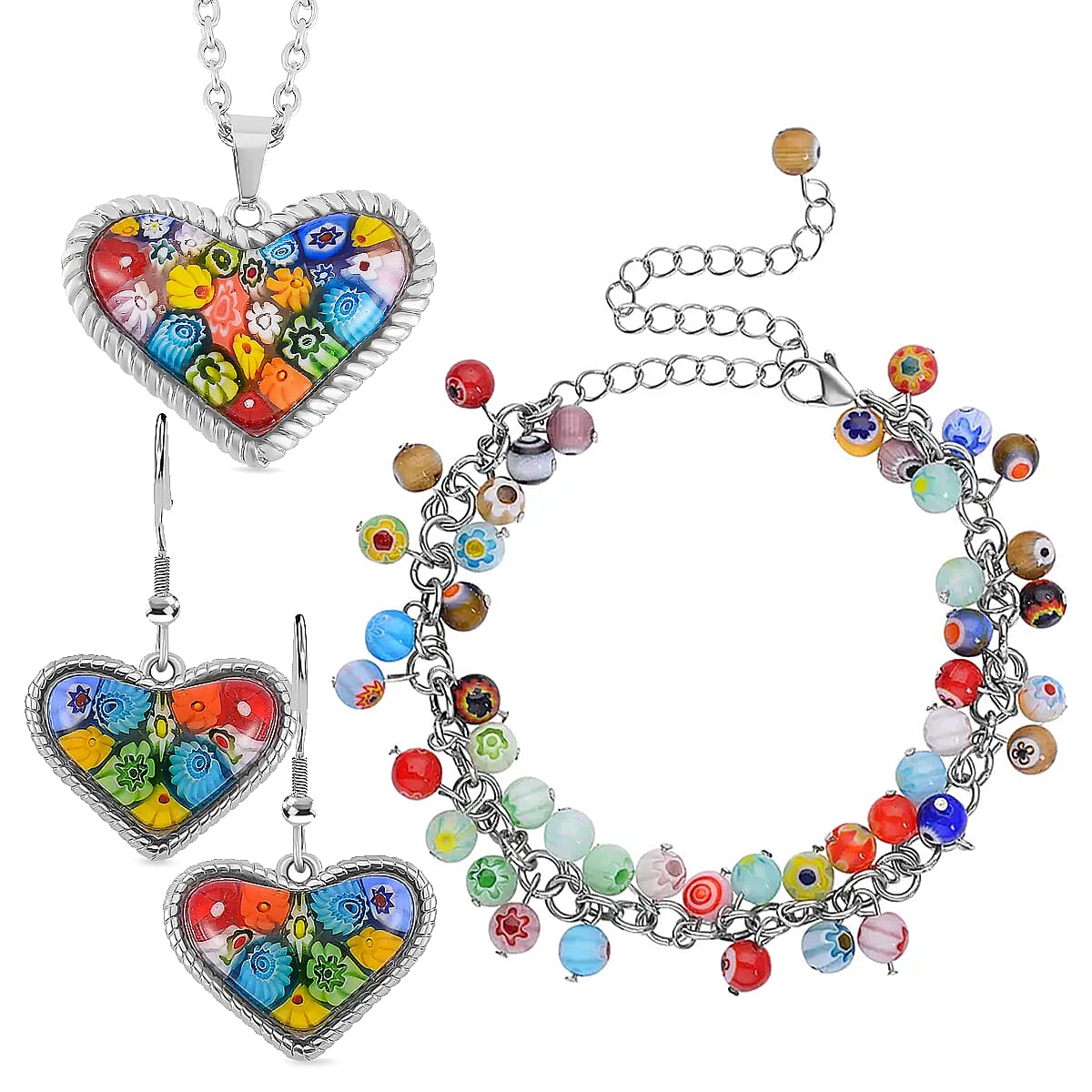 Multi Color Murano Glass Heart Earring, Heart Necklace and Bracelet Pure White Stainless Steel