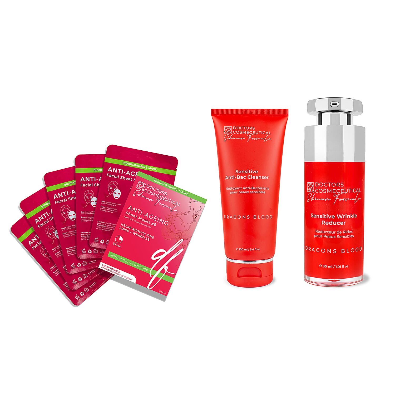 Value Buy - Doctors Formula Pack of 5 Anti- Ageing Sheet Mask, Dragons Blood Sensitive Anti - Bac Cleanser 100ml, Dragons Blood Sensitive Wrinkle Reducer 30ml