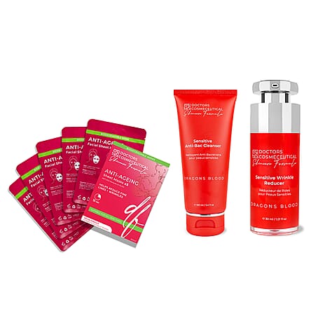 Value Buy - Doctors Formula Pack of 5 Anti- Ageing Sheet Mask, Dragons Blood Sensitive Anti - Bac Cleanser 100ml, Dragons Blood Sensitive Wrinkle Reducer 30ml