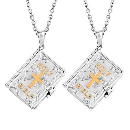 Set of 2 - Holy Bible Openable Pendant With Chain and Presentation Gift Box (30inch - Slider)