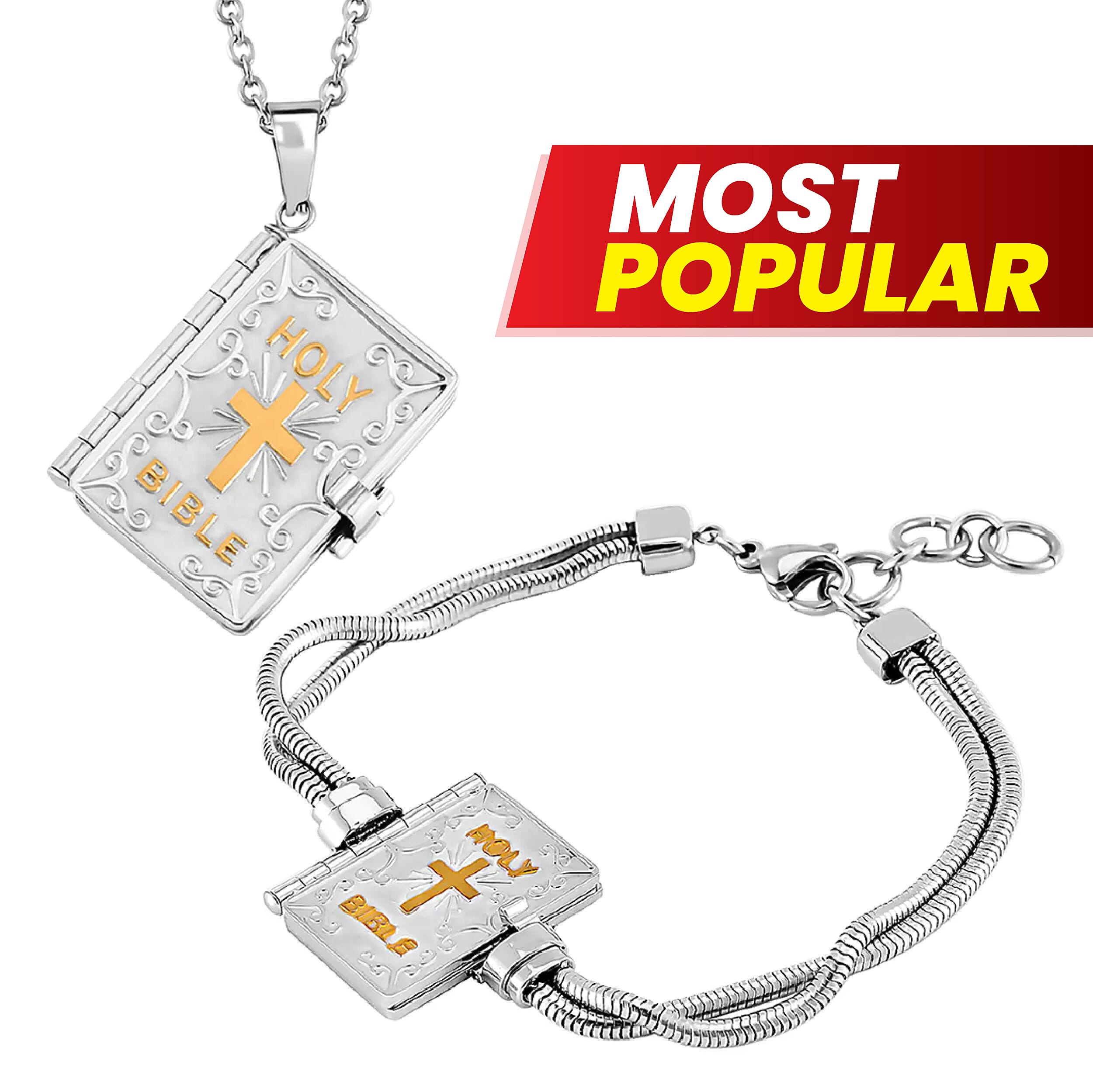Holy Bible Openable Pendant With Chain and Presentation Gift Box (30inch - Slider) and Bible Book Charms Bracelet (Size - 7.5)