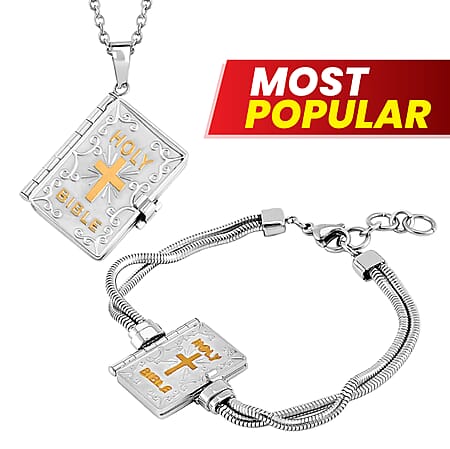 Holy Bible Openable Pendant With Chain and Presentation Gift Box (30inch - Slider) and Bible Book Charms Bracelet (Size - 7.5)