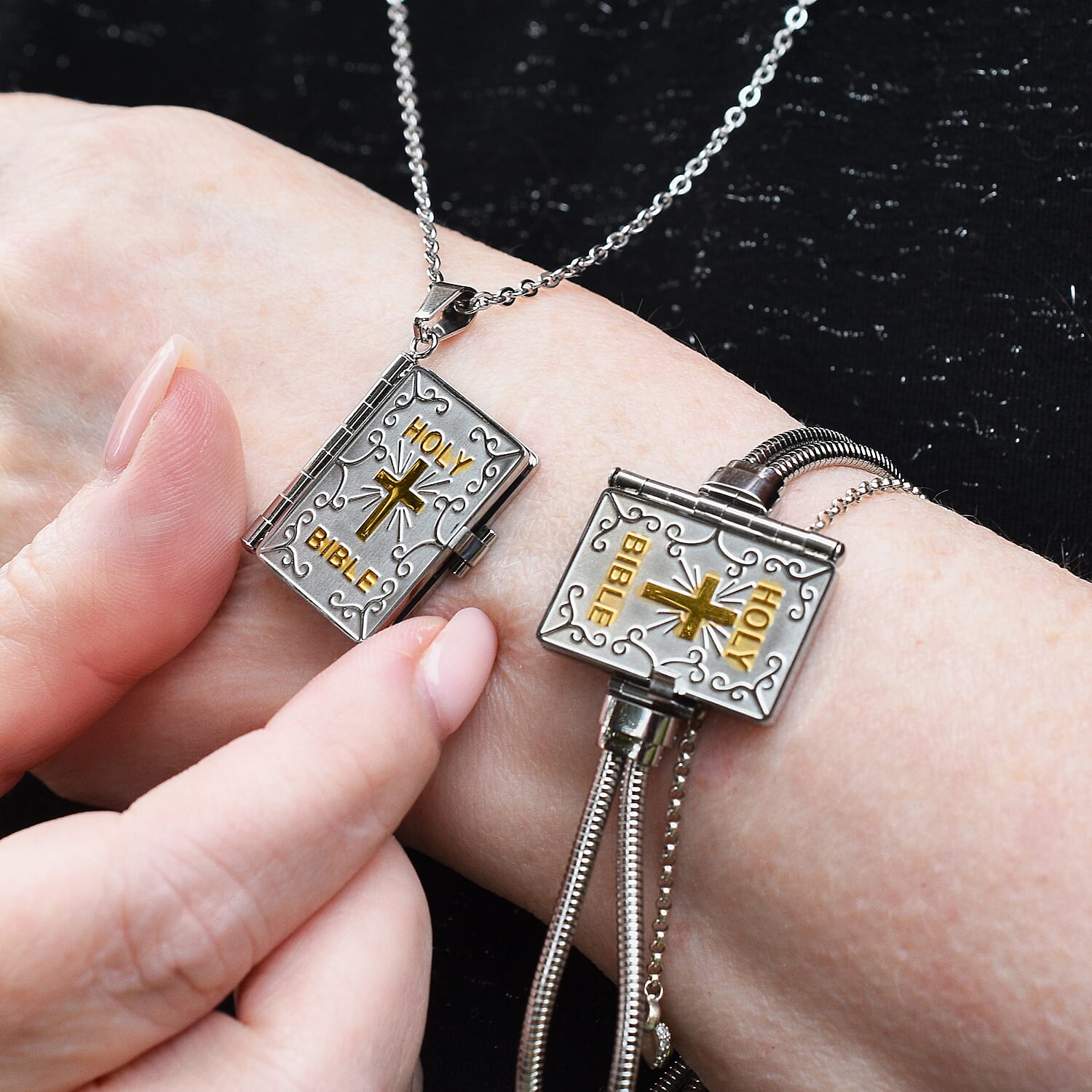 Holy Bible Openable Pendant With Chain and Presentation Gift Box (30inch - Slider) and Bible Book Charms Bracelet (Size - 7.5)